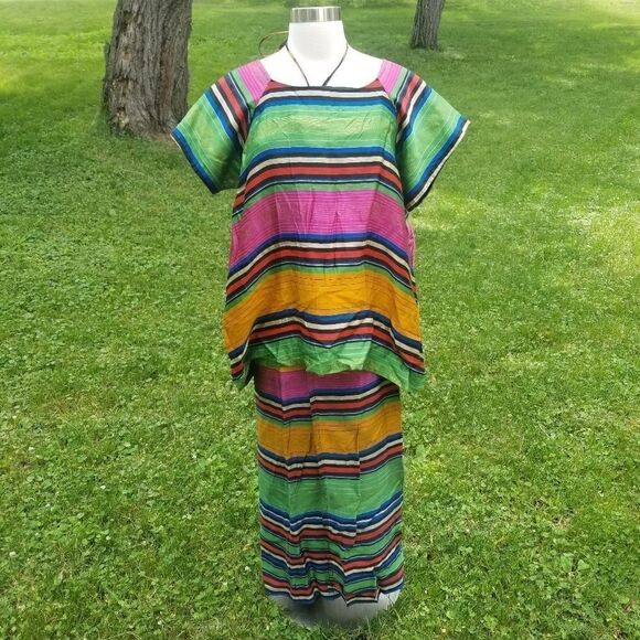 Authentic Vintage West African Handmade Buba Blouse and Iro Wrap Skirt Rainbow - Picture 1 of 6